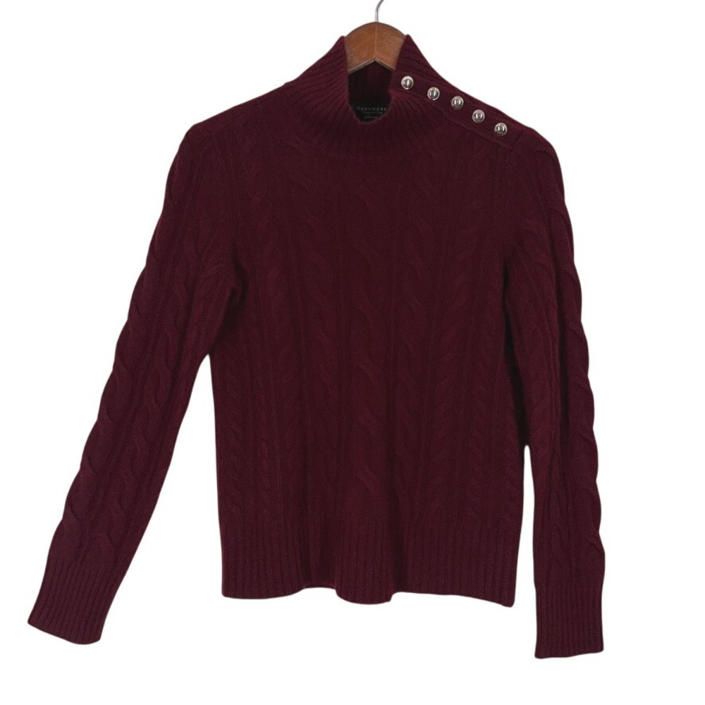 Charter Club Womens New Cashmere Cable Knit Sweater M Burgundy Mock Neck Button